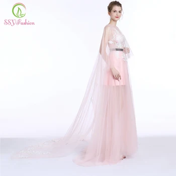

Clearance Sweet Pink Lace Evening Dress Transparent Soft Tulle Appliques Long Tail Prom Gown Formal Dresses Robe De Soiree