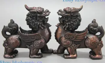 

5" Fine Bronze sculpture China copper Feng Shui Foo Dogs Lion Kylin pair Statue