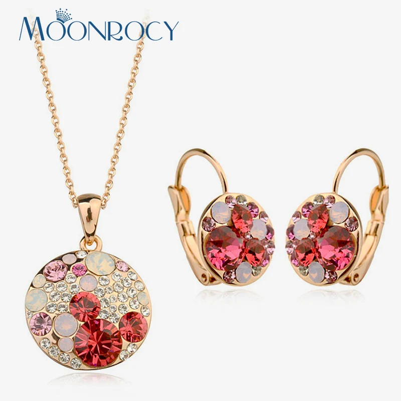 

MOONROCY Free Shipping Cubic Zirconia Rose Gold Color Crystal Necklace and Earrings Jewelry Set for Women Drop Shipping