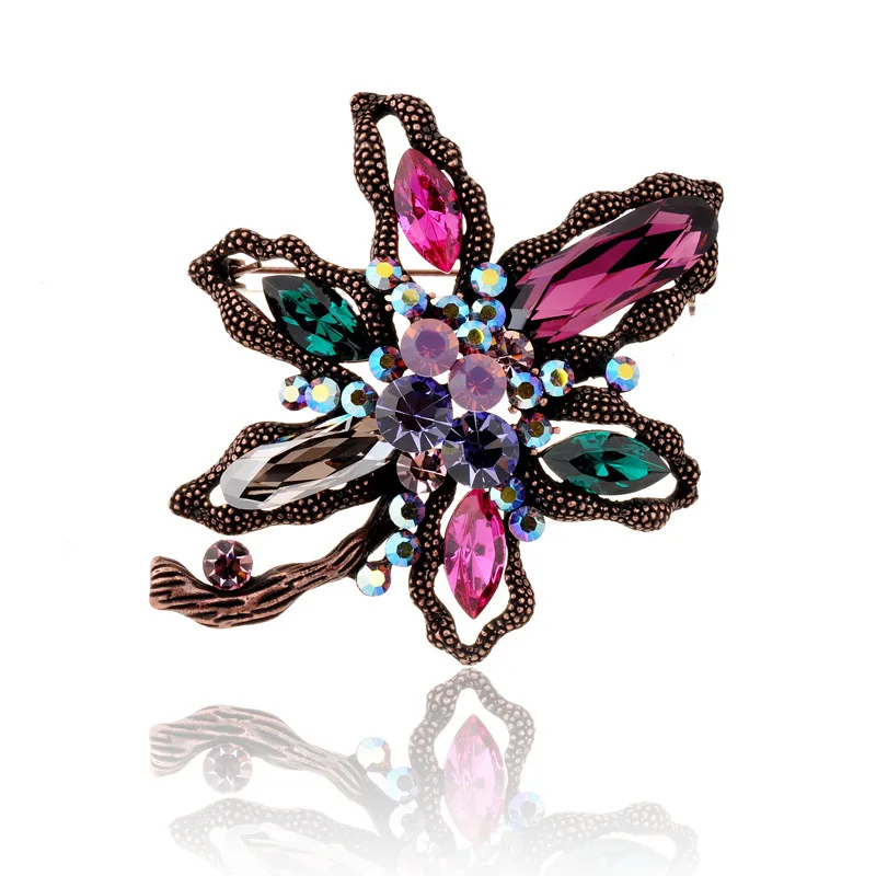 DC813 W Luxury Brand Colorful Crystal Brooch Flower Leaf Rhinestone