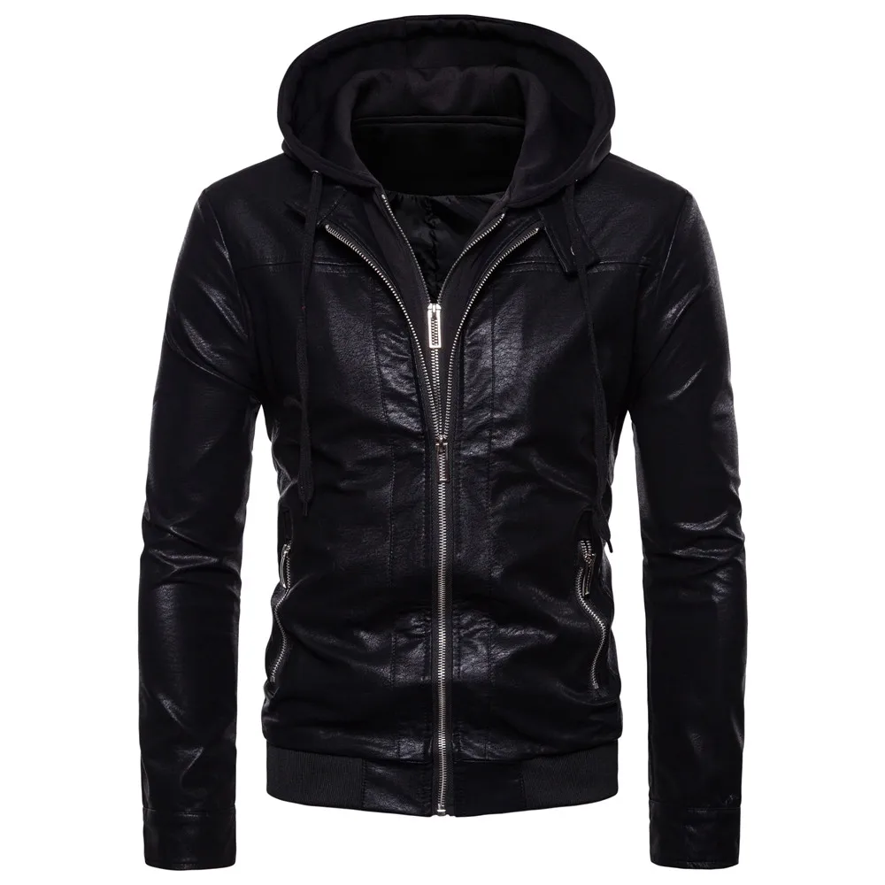 New style men's fake two hooded slim leather jacket-in Faux Leather ...