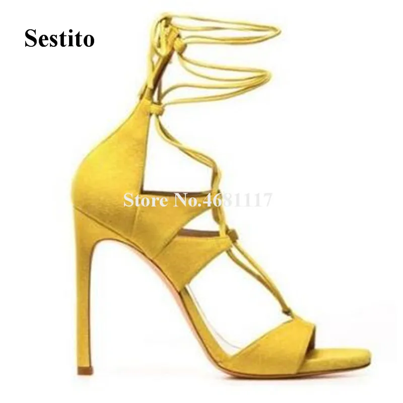

New Fashion Women Open Toe Suede Leather Stiletto Heel Gladiator Sandals Lace-up High Heel Sandals Wedding Heels Shoes