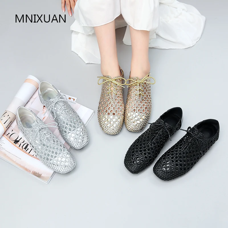 

MNIXUAN Comfortable autumn women flats shoes oxford shoes 2019 new weaving hollow square toe lace up casual shoes big size 34-43