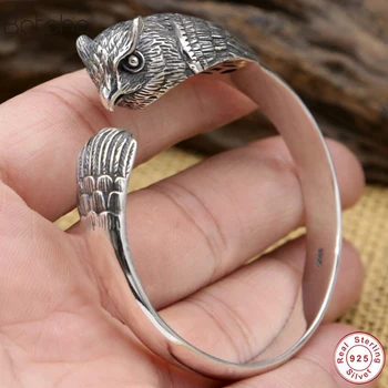 

39.5G Punk Animal Owl Bangle 925 Silver Adjustable Size 56mm Fashion Original S925 Sterling Silver Bangles for Men women Jewelry