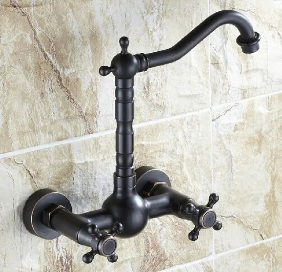 Oil Rubbed Bronze Wall Mounted Dual Cross Handles Swivel Kitchen Bathroom Sink Basin Faucet Mixer Tap anf265