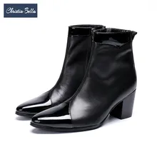 Christia Bella/Брендовые вечерние мужские Ботильоны; большие размеры; ботинки из натуральной кожи с острым носком; Черные Мужские модельные ботинки, визуально увеличивающие рост