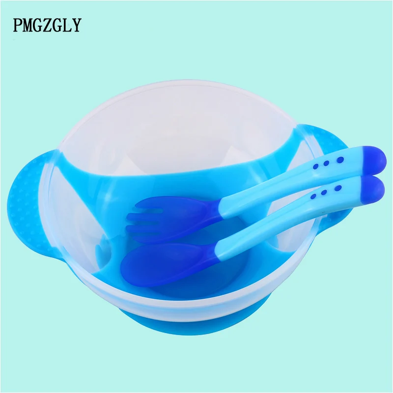 Миска для еды с чувствительной температурой, ложка для кормления ребенка, миска для кормления детей, детская посуда, обучающая посуда с присоской, помощь при кормлении - Цвет: Dishes Blue
