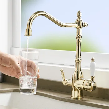 

Solid Brass Gold Kitchen Purification Faucet Drinking Tap Pure Water Faucet Dual Handle Hot Cold Mixer Taps torneira cozinha