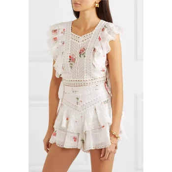

2019 New Runway self portrait Women Sleeveless Flower Print Lace Trims Ruffles 2pcs Blouse Crop Top + Layer Cake Shorts dresses