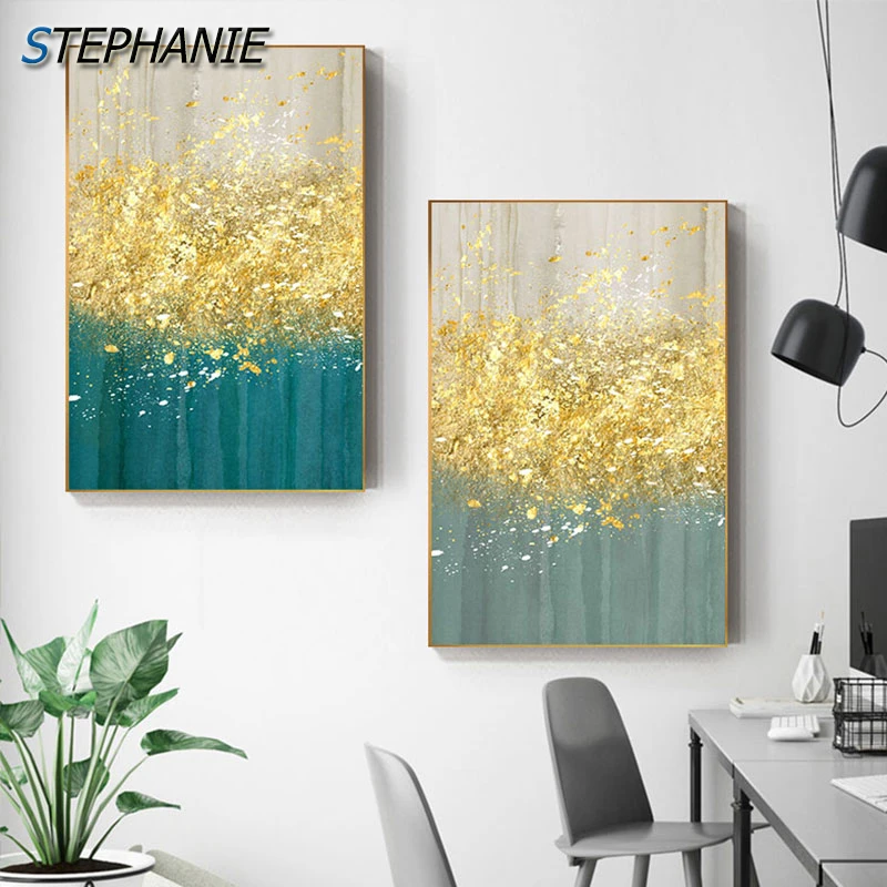 黄色 金 青 緑の木の帆布 花の葉の絵画 大きなポスターとプリント リビングルームのモダンな壁画 サロンテーブル Painting Calligraphy Aliexpress