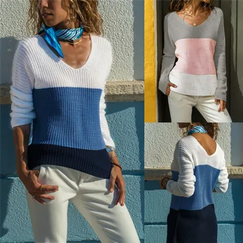 

Women Winter V Neck Patchwork Sweater Ladies Pullover Jumper Feminina Chaqueta Mujer Sueternvierno QB2