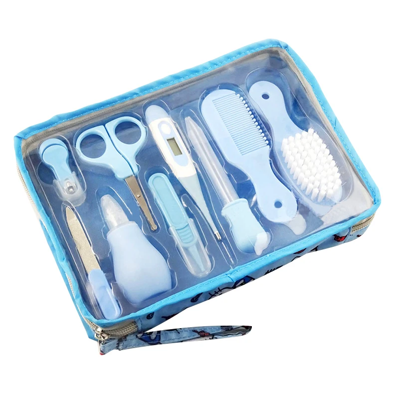 10 and 9 Pcs/Set Safety Newborn Baby Health Care Set Nail Hair Brush Thermometer Nose Cleaner Grooming Kit With Bag