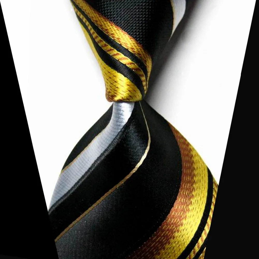 Classic Striped Black Silver JACQUARD WOVEN 100% Silk Men's Tie Necktie ...