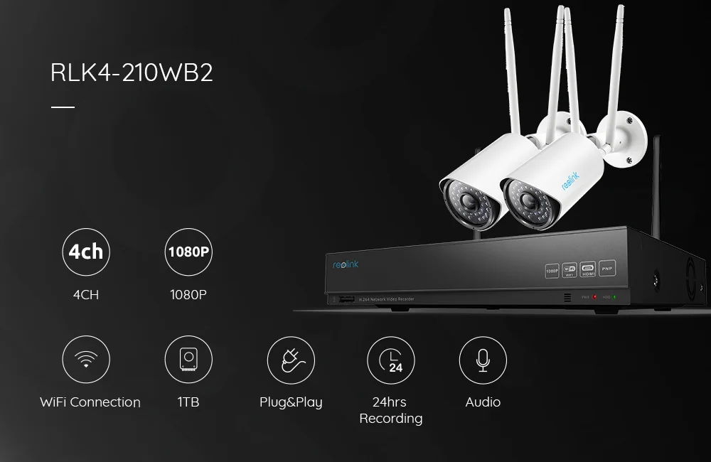 Reolink 1080P беспроводная камера безопасности Система 4Ch WiFi NVR и 2 WiFi камеры наружного видеонаблюдения 1 ТБ HDD RLK4-210WB2