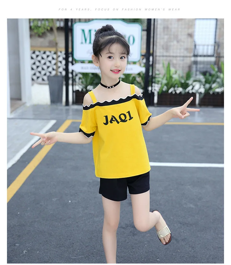 Cute Casual Teenage Clothes For Girls Clothing Sets 2019 Summer Children Shoulderless Letter Tshirt Tops Shorts 2Pcs Kids Suit (18)