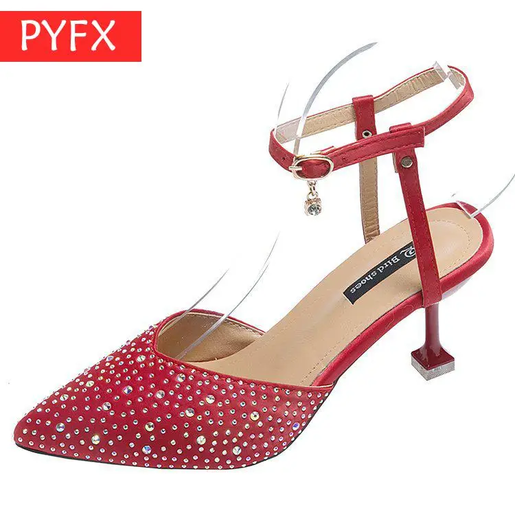 

Summer 2019 New Korean Version Pointed Color Diamond Sandals Female White-collar Workers Ol Fine Heel High-heel Banquet red shoe