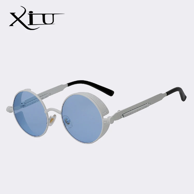 XIU новые мужские солнцезащитные очки в стиле стимпанк Для женщин круглые металлические солнцезащитные очки, брендовые, дизайнерские, модные Винтаж очки Одежда высшего качества Oculos UV400 - Цвет линз: White w sea blue