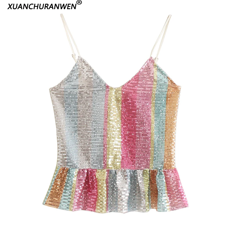 

Summer Women V neck Sequined Camis Tank Tops Sleeveless Strapless Spaghetti Backless Female Shirts WB9374