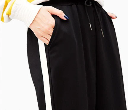 MOBTRS Женские повседневные шаровары свободные брюки для женщин черные полосатые боковые спортивные штаны для женщин размера плюс
