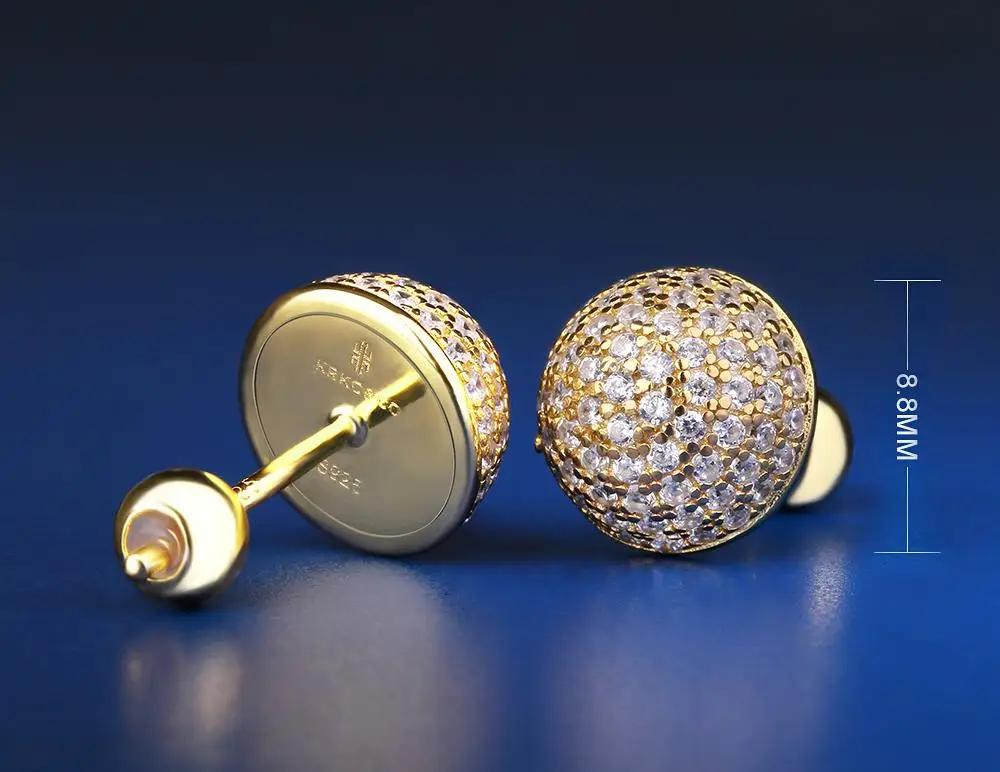 KRKC&CO 14K Gold Iced Out 925 Sterling Silver Button Earrings Hip Hop Jewelry for amazon/ebay online store Wholesale in Stock