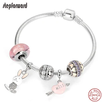 

STEP FORWARD Genuine 925 Sterling Silver Pink Cute Rabbit Heart Arrow Pendant Bracelet & Bangle For Woman Fashion Jewelry WLB001