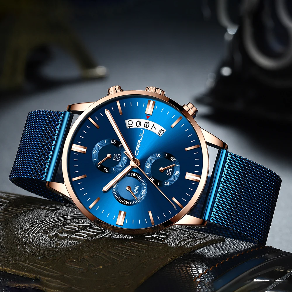CRRJU новые мужские часы, мужские Модные брендовые роскошные часы из нержавеющей стали, синие кварцевые часы, мужские повседневные спортивные водонепроницаемые часы, Relojes