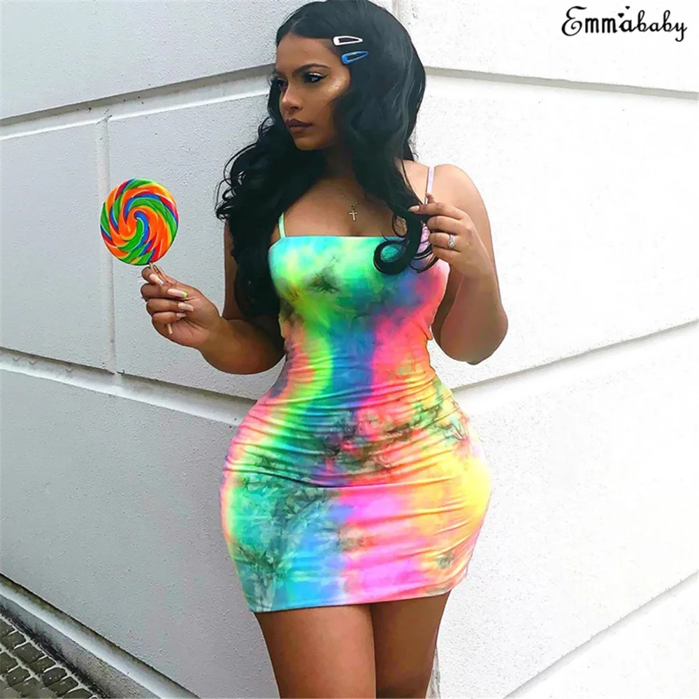 Sexy Women Sleeveless Bodycon Dress Sheath Party Gown Mini Short Dresses Women Skinny Sexy Mini Summer Tie Dyeing Dress