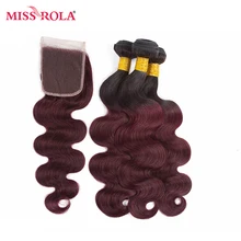 Miss Rola Hair Pre-colord Indian Body Wave Hair Weaving 3 Bundles With Closure #T1B/99J Color Human Non-Remy Hair Extension