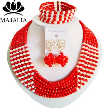 

Majalia Fashion Opaque red and White Nigerian Wedding African Jewelry Set Crystal Necklace Bride Jewelry Sets 6CF003