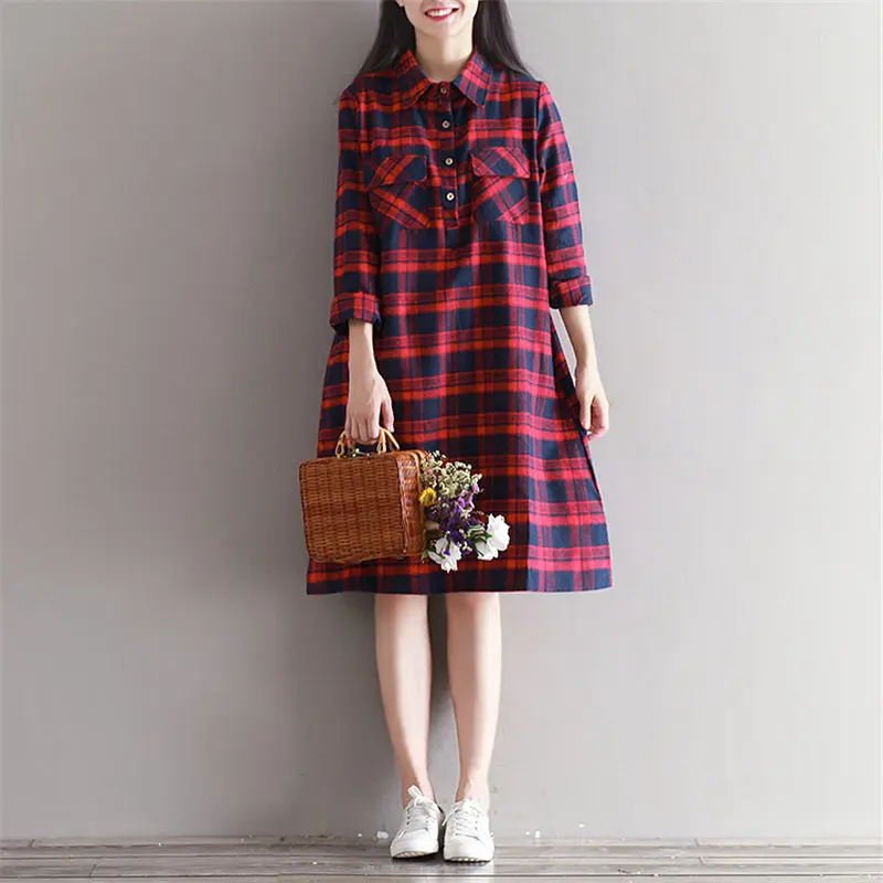 

Fashion Female Autumn Spring Dress Robe Red Vintage Dress Women Full Sleeve Plaid Print Dresses Shirt Femme Vestidos