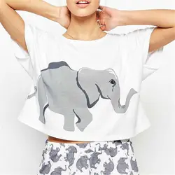 Модная футболка с принтом слона для женщин, летняя повседневная укороченная футболка, женская футболка с героями мультфильмов, белые