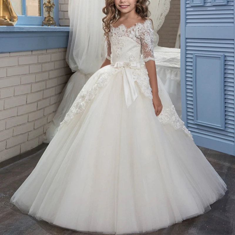 Элегантное детское кружевное длинное платье с открытыми плечами для девочек; Детские платья подружки невесты на свадьбу; винтажное бальное платье на День рождения; платье принцессы
