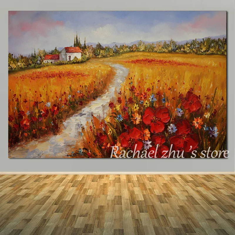 

New Arrivals! Hand Painted Abstract Poppy Chalet Road Landscape Oil Painting On Canvas Wall Pictures For Living Room Home Decor