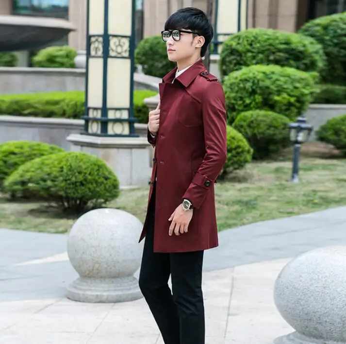 Wine red 2019 new designer slim sexy single breasted trench coat men