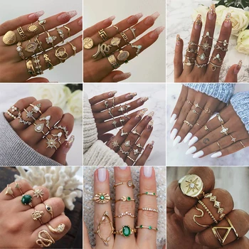 

Bohemian Gold Vintage Ring Men Lady Crystal Jesus Flower Leaf Snake Hollow Lotus Gem Rings Set Women Wedding Jewelry Gift