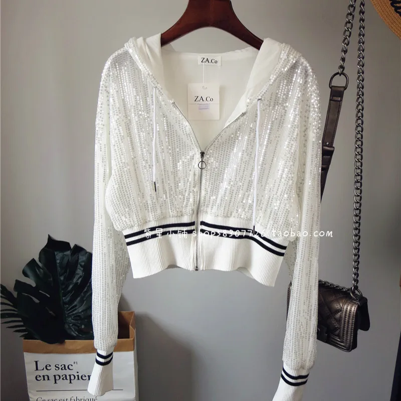 lower price  Women Bomber Sequins Drawstring Hoodie Net Jacket Glitter Beading Hooded Zipper Gauze Coat Cardigan
