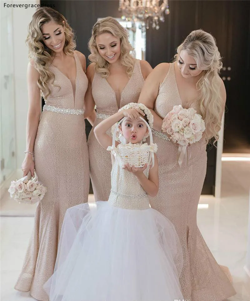Rose Gold Sequin Mermaid Bridesmaids Dresses Formal Wedding Guest Gowns V Neck With Beaded Sash Arabic Dubai Evening Prom Dress  108 (4)