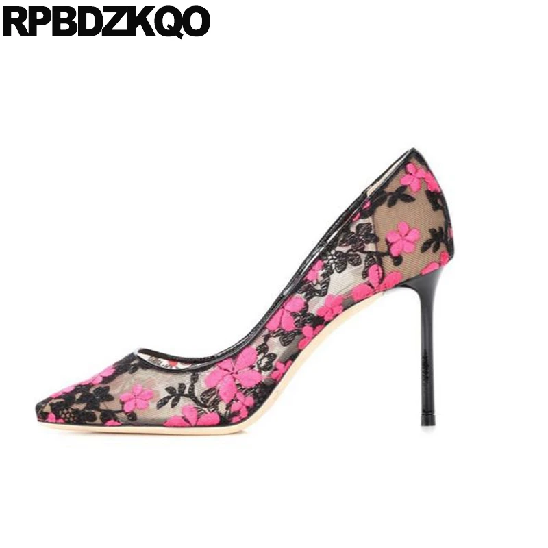 

Pointed Toe Embroidered Ladies High Heels Shoes Black Mesh Flower 3 Inch Thin Embroidery Size 4 34 Dress 2017 Spring Chinese