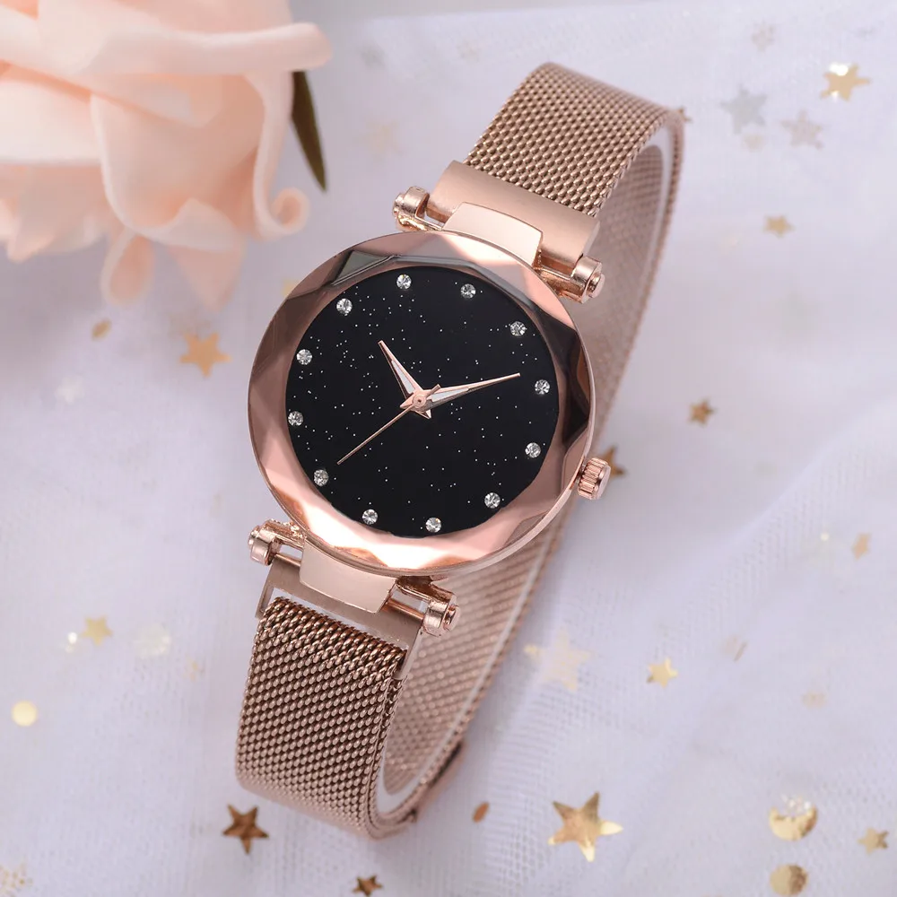 

Luxury ladies watch magnet stainless steel mesh with starry fashion diamond female luminous shining quartz watch relogio feminin