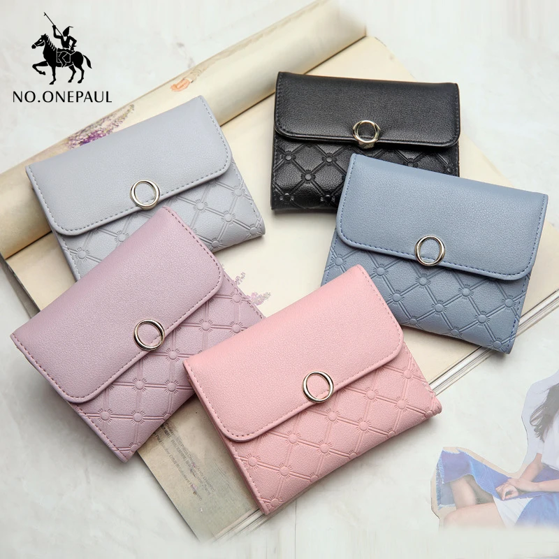 

NO.ONEPAUL Ladie short card bag gold buckle multi-card sweet lady style top cowhide fabric ladies leather fashion compact wallet