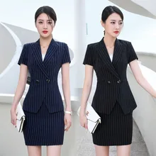 Летние с коротким рукавом модные полосатые костюмы с юбкой и пиджаком и юбкой официальные блейзеры женский деловой костюм наборы