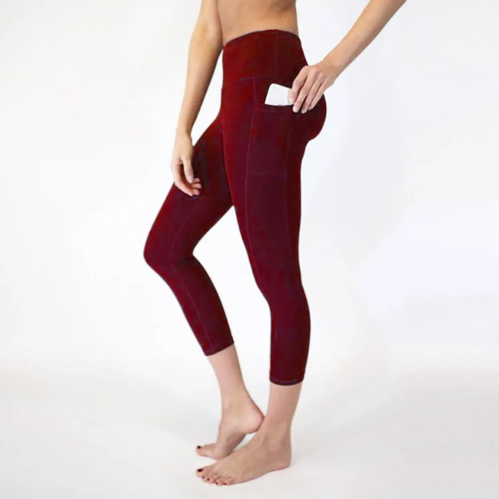 Штаны для йоги с пуш-ап высокой талией, одноцветные укороченные штаны для йоги с карманами для тренировок, бега, обтягивающие спортивные Леггинсы для бега, B2 - Color: Red