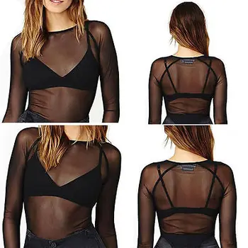

Ladies Sheer Transparent Mesh Bodycon Blouse Tops Clubwear New Round Neck Black See-through