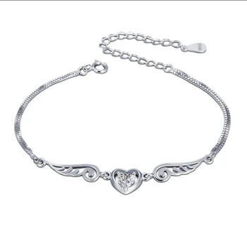 

2019 Angel wings 925 sterling silver bracelet heart zircon pendant design solid silver female bracelet sweet romantic jewelry