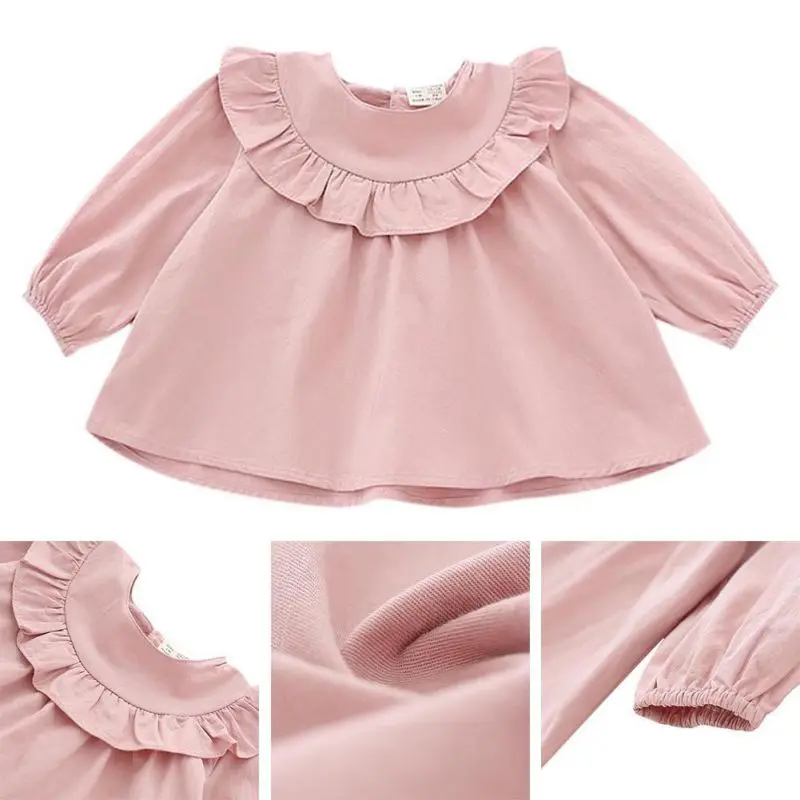 Осенняя рубашка с оборками для маленьких девочек блузка с длинными рукавами для маленьких девочек топы с воротником лотоса для девочек, верхняя одежда розового, белого, желтого цвета для детей от 9 до 48 месяцев