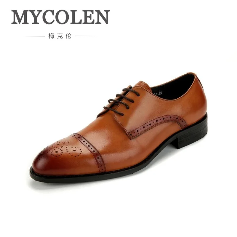 

MYCOLEN Genuine Leather Pointed Toe Mens Shoes Brogue Breathable Carved For Men Formal Wedding Dress Shoes Zapatos Hombre