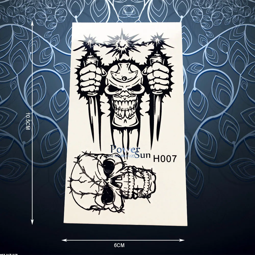 Trendy Hitam Keren Tengkorak Kepala Temporary Tattoo Sticker Untuk