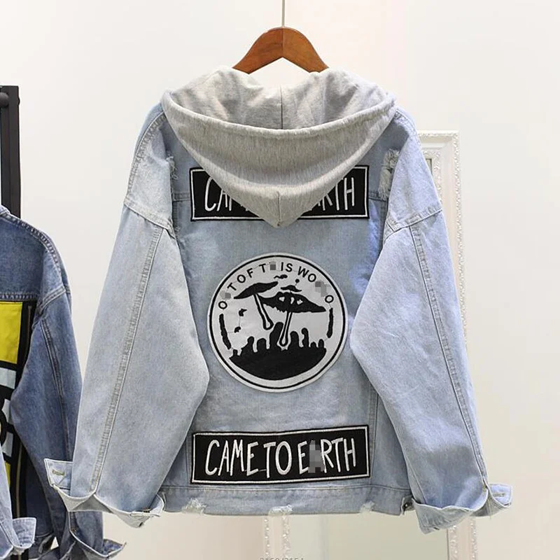 

Ripped Denim Jacket Coat Punk Style Women Bleach Wash Single Breasted Jean Jackets 2018 Casual Long Sleeve Lapel Jacket