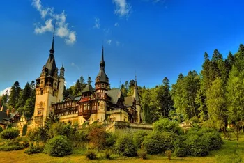 

landscape architecture castle tower trees forest pine trees sky clouds walls clocks 4' Size Home Decoration Canvas Poster Print