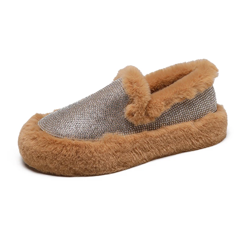 

Women's Flats 2018 Winter Fashion Rhinestone Short Plush Warm Girl Shoes Woman Winter Platform Snow Shoes Faux Fur Woman Shoe